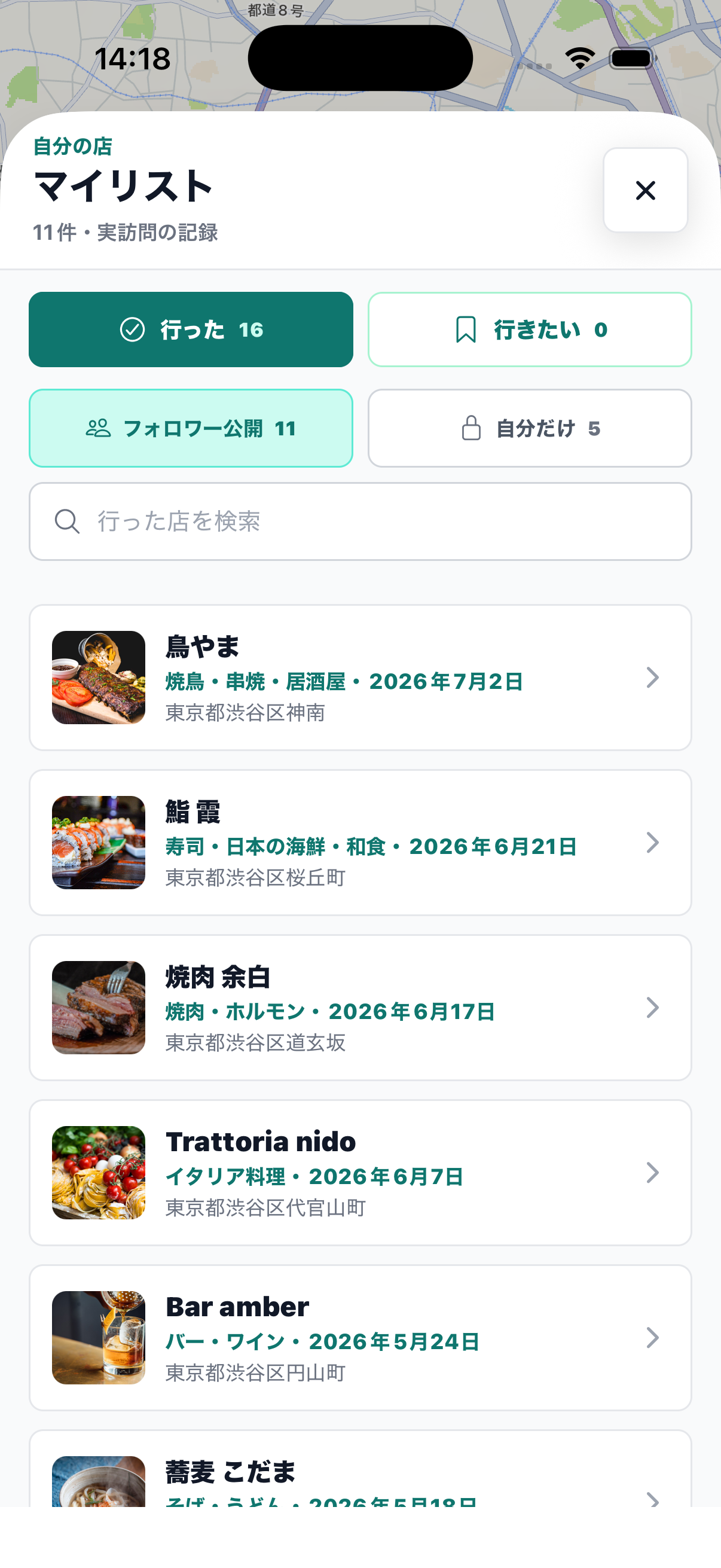 Favaで行った店と行きたい店を管理する画面