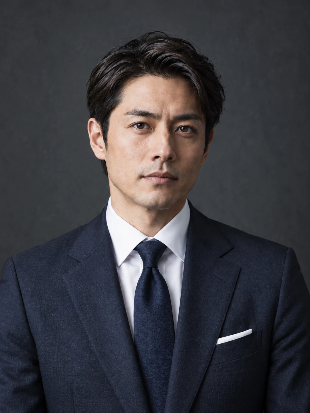 短いサイドパートとネイビースーツの男性。Hairframeのスタイル参考イメージ
