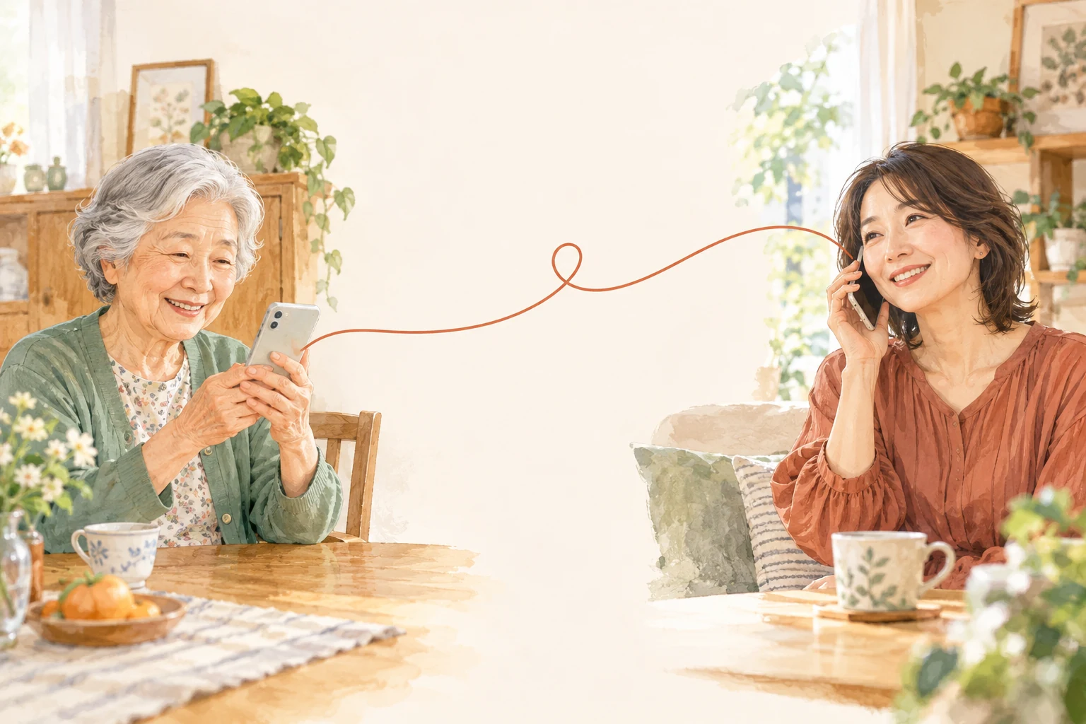 家族がいつもの電話で話すイラスト
